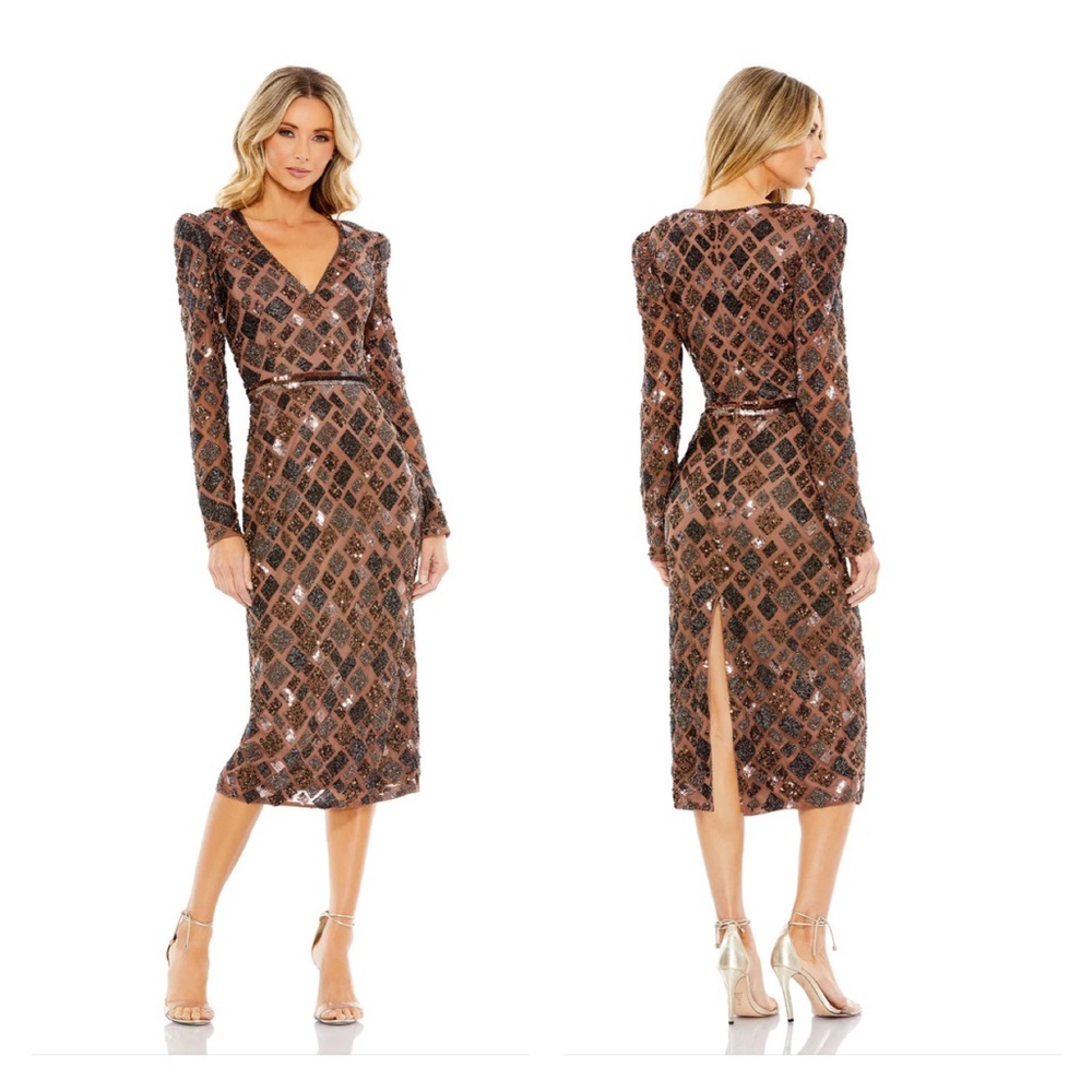 Mac Duggal Brown/Gold Beaded Dress